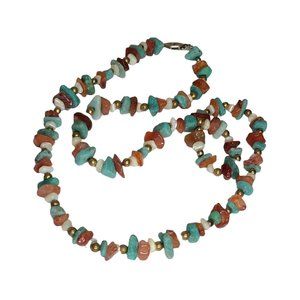 Necklace Gemstone Amber And Faux Turquoise 26 Inches Long